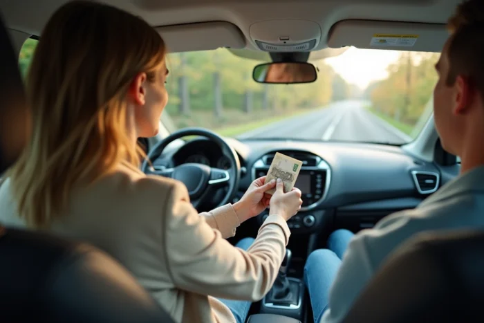 Passagère remettant de l'argent liquide au conducteur dans une voiture de covoiturage Blablacar