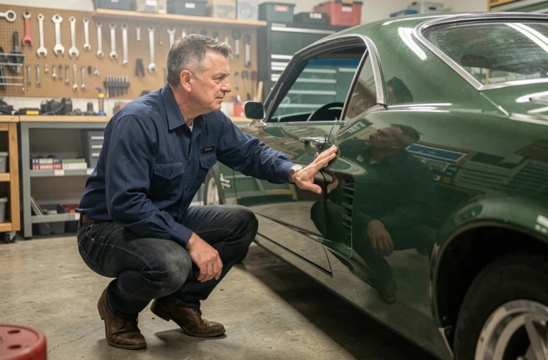 Passionné d'automobiles admirant une Ford Mustang 1967 dans un garage privé bien équipé