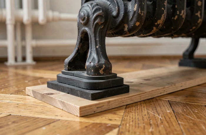 Détail des patins isolants en caoutchouc placés sous les pieds d'un radiateur en fonte pour protéger un parquet ancien en point de Hongrie