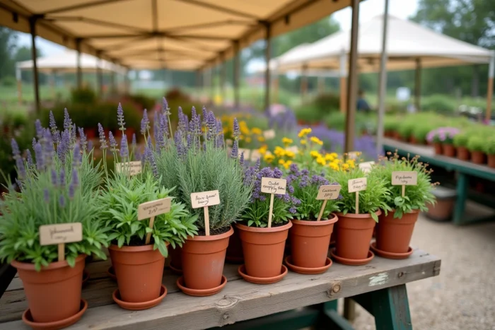 Étal de pépinière en plein air avec une sélection variée de fleurs vivaces en pot, incluant lavande, cataire et achillée, avec étiquettes manuscrites