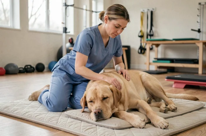 Physiothérapeute animalière réalisant un massage thérapeutique sur un labrador en studio de rééducation