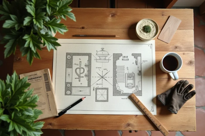 Plan de potager dessiné sur papier quadrillé avec sachets de graines et gants de jardinage pour un couple