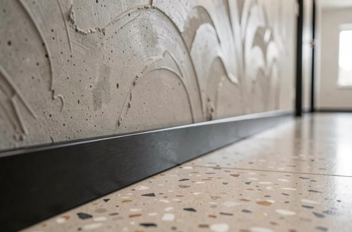 Plinthe métallique noire mat à la jonction d'un mur en béton ciré et d'un sol en terrazzo dans un couloir contemporain