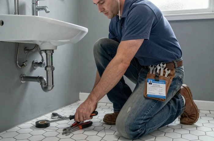 Plombier qualifié avec carte de certification visible et outils organisés travaillant sous un lavabo dans une salle de bain carrelée