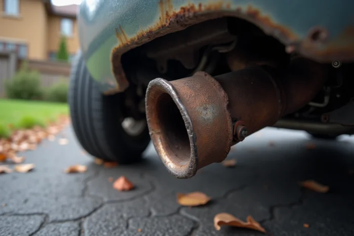 Gros plan d'un pot d'échappement fissuré et d'un collier desserré causant un bruit de claquement