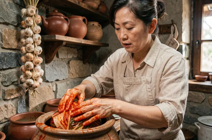 Femme coréenne préparant et emballant du kimchi dans un pot en céramique traditionnelle dans une cuisine artisanale