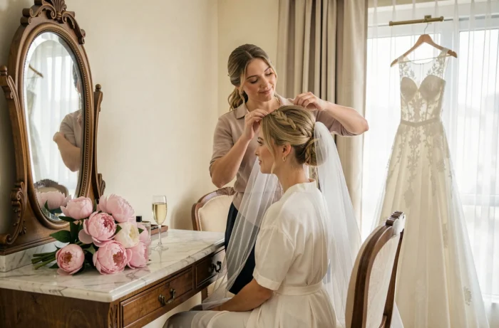 Mariée se préparant dans une suite d'hôtel avec coiffeuse, voile et bouquet de pivoines