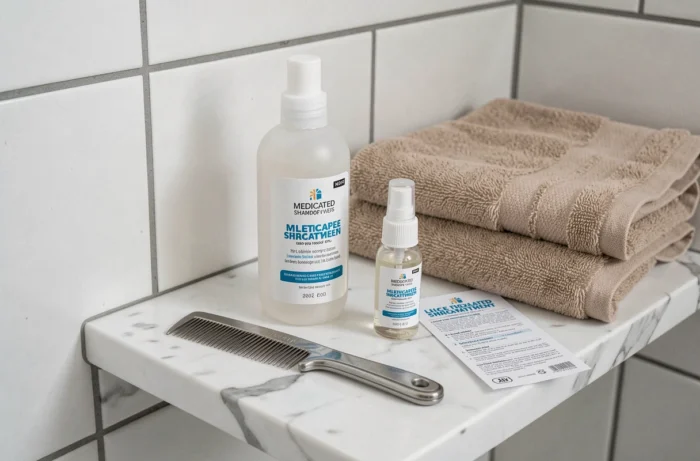 Produits anti-poux disposés sur une étagère de salle de bain en marbre blanc incluant shampoing, peigne et spray de traitement