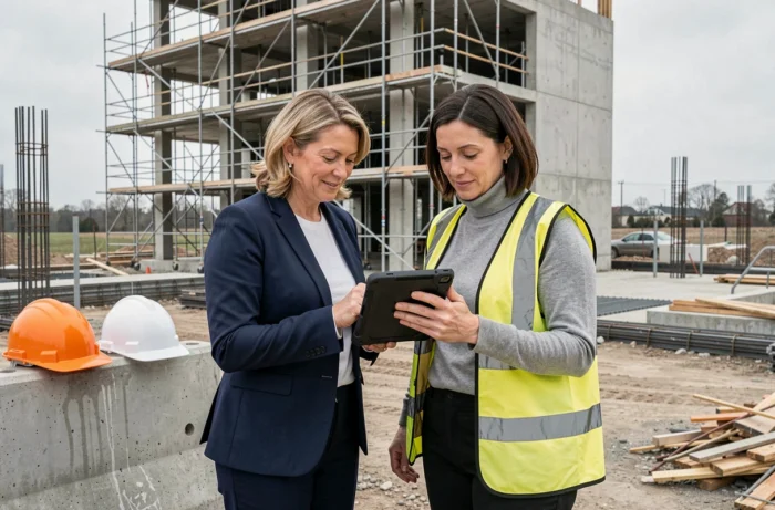 Deux professionnelles du bâtiment consultant la plateforme Batiav sur tablette sur un chantier de construction