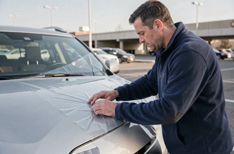 Homme appliquant un film de protection transparent sur le capot d'un SUV argenté dans un parking urbain