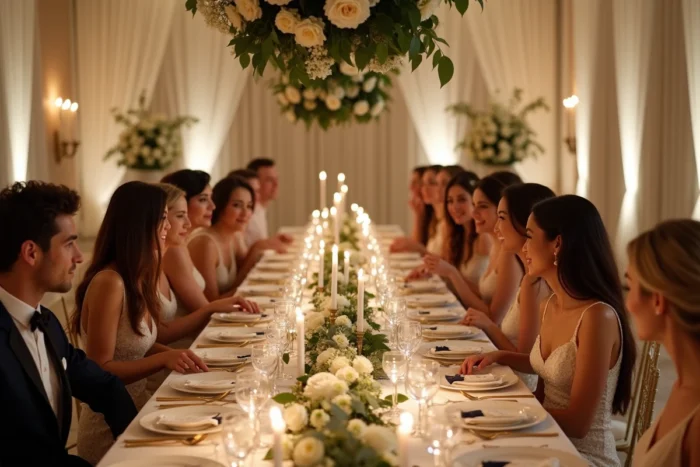 Table de réception de mariage élégamment décorée dans une salle de bal avec fleurs blanches, verres en cristal et convives