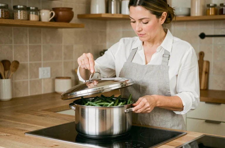 Femme réchauffant des haricots verts cuits dans une cocotte-minute sur une cuisinière moderne