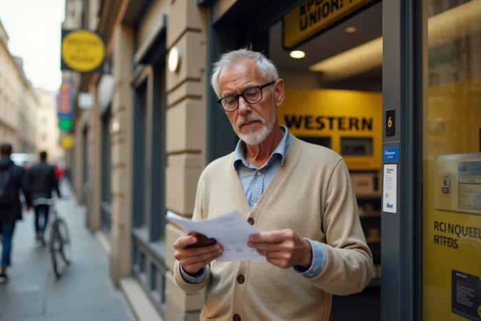 Un homme âgé consultant son reçu de transfert Western Union devant une agence partenaire dans une rue française