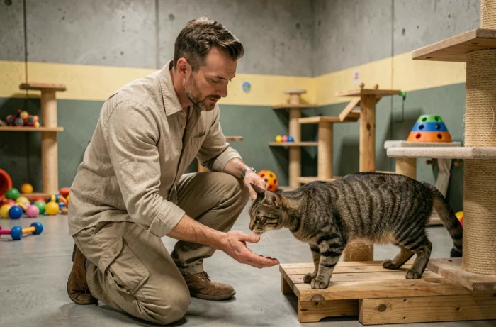 Homme interagissant avec un chat dans un refuge animalier lors d'une approche de soins comportementaux