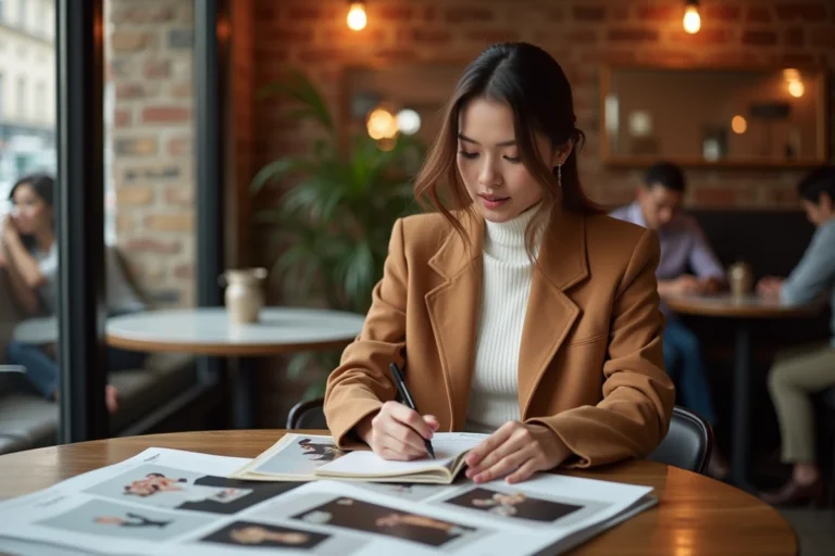 Jeune femme stylée qui consulte des magazines de mode tendance dans un café parisien pour repérer les dernières tendances vestimentaires