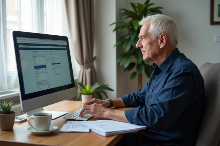 Homme retraité naviguant sur son espace personnel en ligne pour soumettre des documents administratifs à Agirc-Arrco depuis son bureau à domicile
