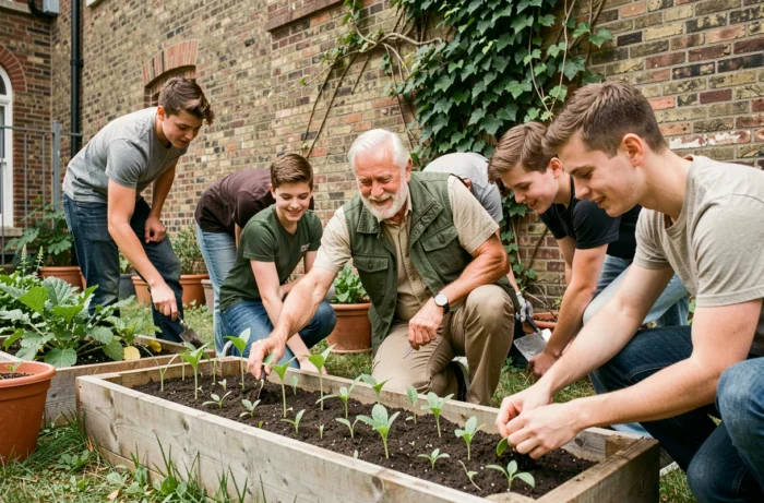 Un retraité senior encadre des adolescents dans un jardin communautaire urbain lors d'une mission solidaire
