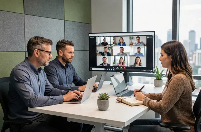 Équipe en réunion hybride par visioconférence dans un espace de travail moderne et acoustique