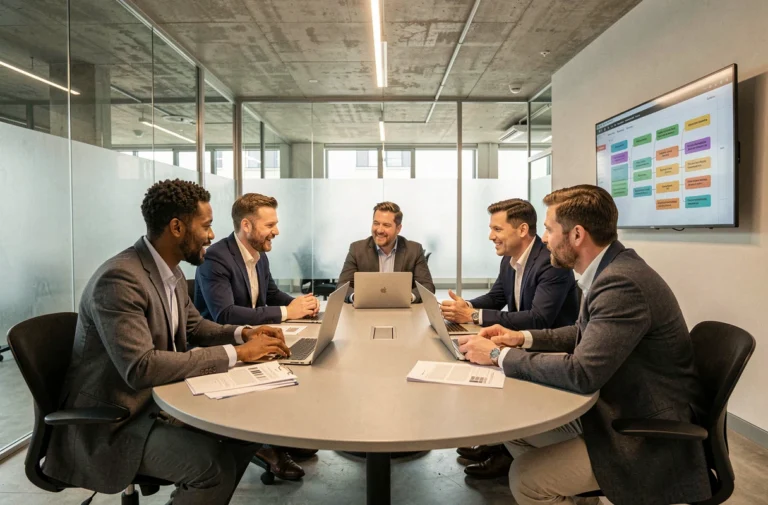 Groupe de professionnels en réunion autour d'une table de conférence moderne dans un bureau contemporain