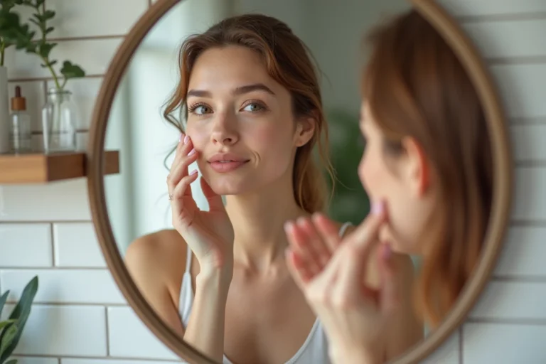 Femme appliquant un sérum visage dans une salle de bain minimaliste, routine beauté naturelle et éclat de peau