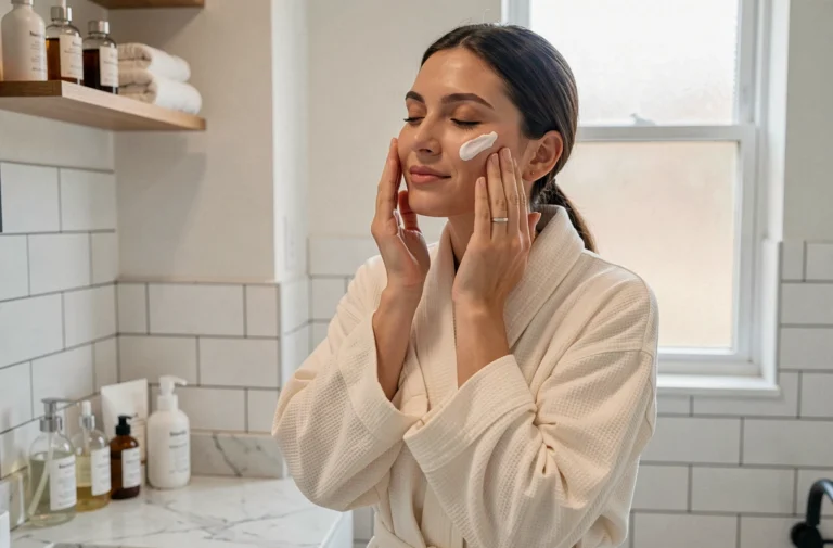 Femme appliquant une crème hydratante sur son visage dans une salle de bain moderne avec des produits de soin soigneusement disposés
