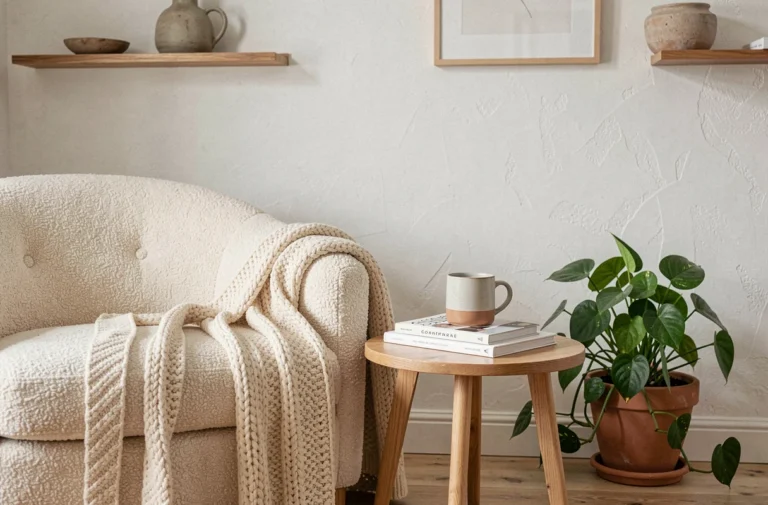 Coin salon scandinave cosy avec fauteuil bouclé crème, table basse en chêne et plante verte en pot de terre cuite pour un intérieur tendance