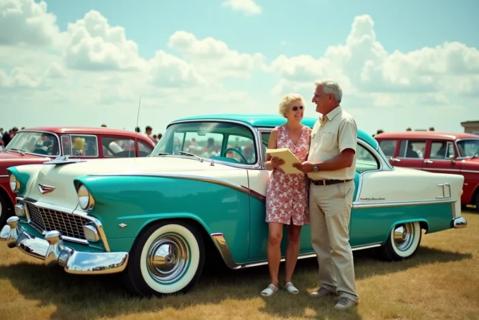 Couple de collectionneurs avec leur voiture américaine des années 1950 lors d'un salon de véhicules anciens, tenant leur attestation d'assurance