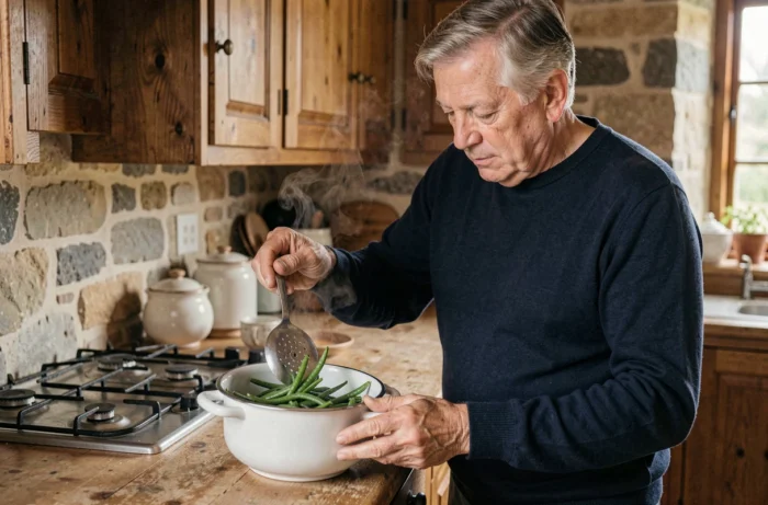 Homme servant des haricots verts réchauffés à la cocotte-minute dans un plat en céramique dans une cuisine rustique