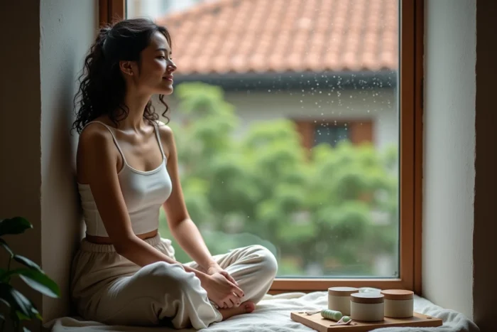 Femme au teint naturel lumineux assise près d'une fenêtre avec des produits de soin, beauté authentique et bien-être