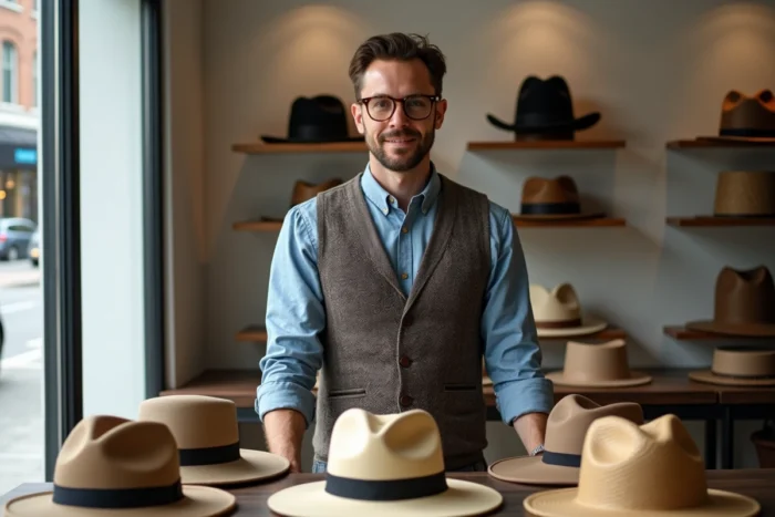 Spécialiste en chapellerie posant devant une collection de chapeaux variés dans un magasin moderne