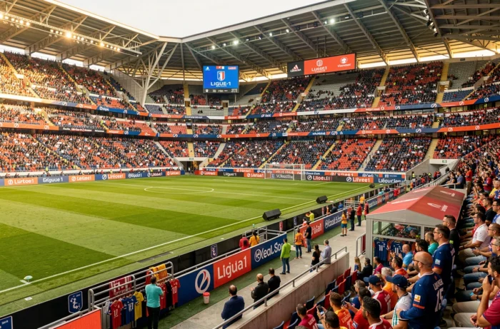 Vue panoramique d'un stade de Ligue 1 plein lors d'un match avec panneaux publicitaires et sponsors visibles sur le bord du terrain