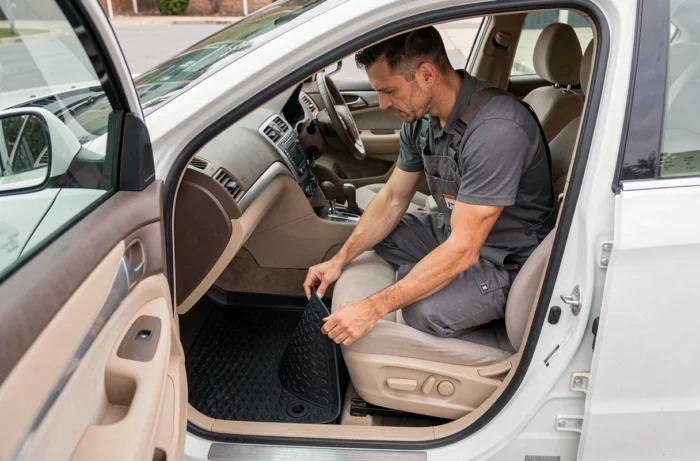 Homme posant un tapis de sol toutes saisons en caoutchouc dans l'habitacle d'une berline familiale blanche