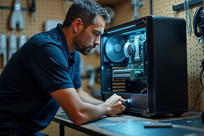 Technicien informatique inspectant l'intérieur d'un ordinateur de bureau dans un atelier de réparation, analyse des causes d'infection et de malware