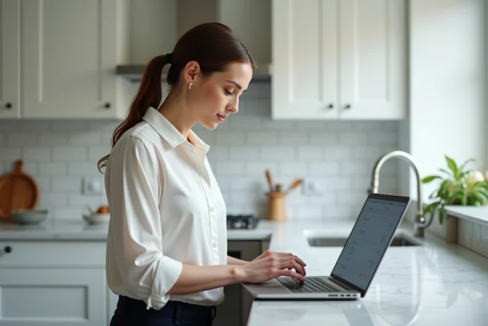 Femme téléchargeant un document PDF sur un espace en ligne depuis son ordinateur portable pour contacter Agirc-Arrco
