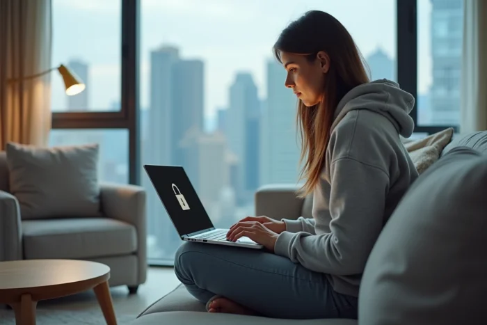 Femme téléchargeant des fichiers en sécurité avec un VPN sur 1fichier depuis son appartement