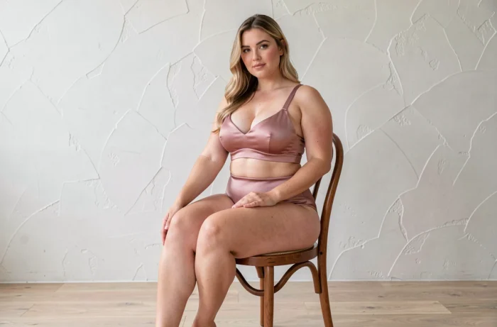 Femme aux courbes généreuses portant une lingerie satin rose poudré taille haute dans un studio minimaliste