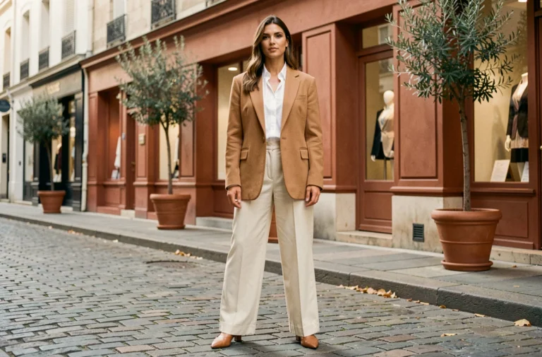 Femme élégante en blazer camel oversize et pantalon large crème dans une rue parisienne pavée, tendances mode automne 2024