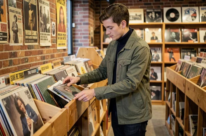 Jeune homme en veste utilitaire verte et col roulé marine dans une boutique de disques vintage, style mode homme tendances 2024