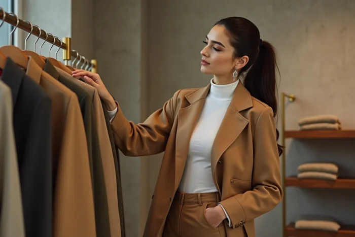 Femme élégante en blazer camel oversize explorant les nouvelles tendances mode dans une boutique parisienne minimaliste
