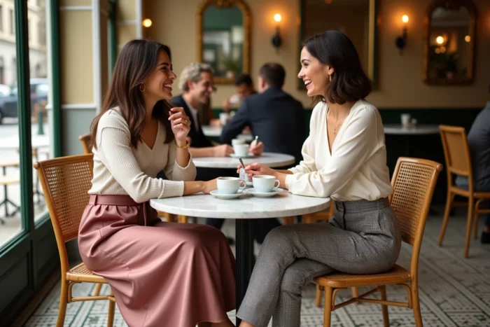 Deux femmes aux styles tendance contrastés discutant autour d'un café dans un bistrot parisien aux détails vintage