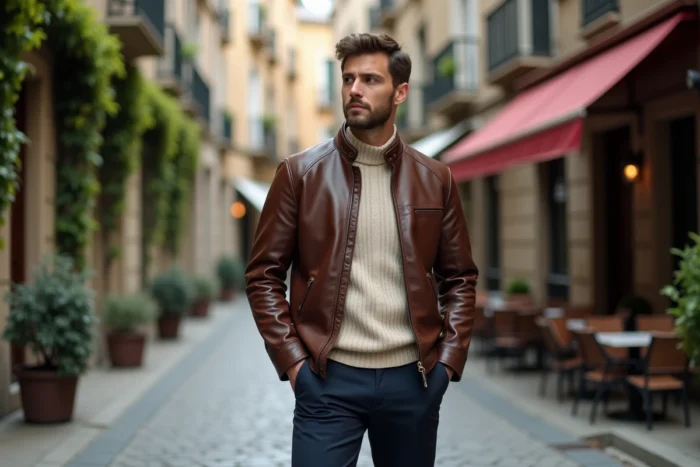 Homme en veste en cuir marron et pull côtelé incarnant les tendances mode masculine automnale dans une rue européenne pavée