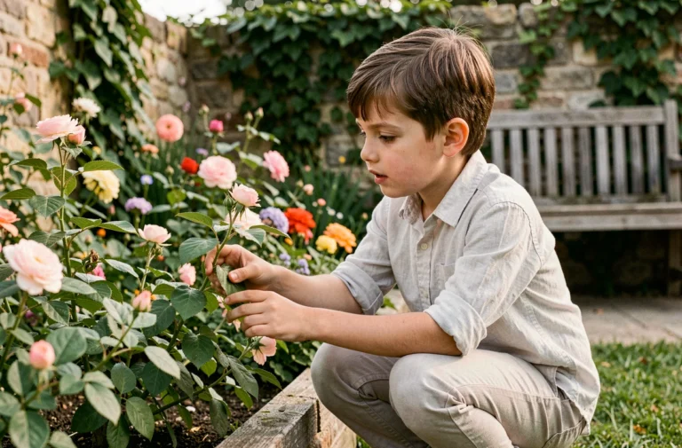 Jeune garçon aux pouces verts dans un jardin fleuri de campagne française, évoquant l'univers enchanteur de Tistou de Maurice Druon