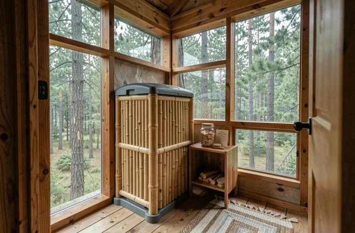 Toilette à compostage en bambou dans un chalet écologique hors réseau avec vue sur forêt de pins