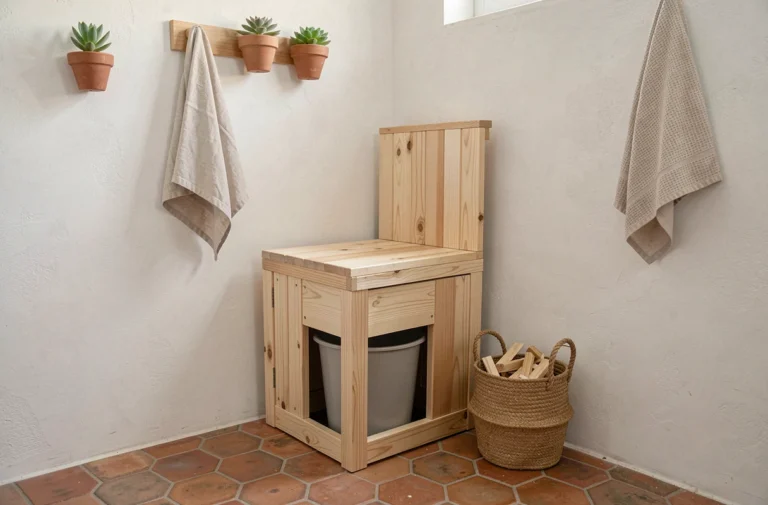 Toilette sèche en bois de pin installée dans une salle de bain écologique avec carrelage en terre cuite et plantes succulentes