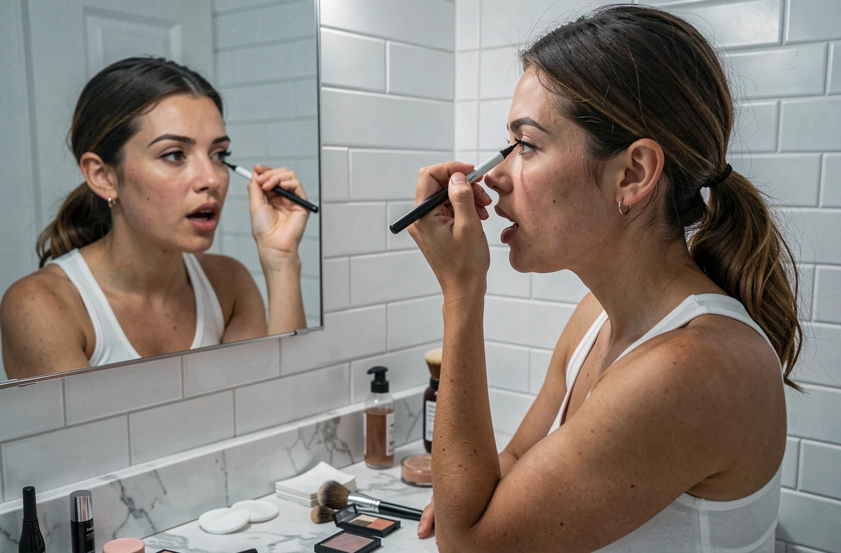 Jeune femme traçant un trait d'eye-liner devant un miroir de salle de bain avec des produits de maquillage posés sur le comptoir