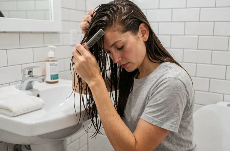 Femme appliquant un peigne anti-poux à dents fines dans ses cheveux mouillés au-dessus d'un lavabo blanc dans une salle de bain