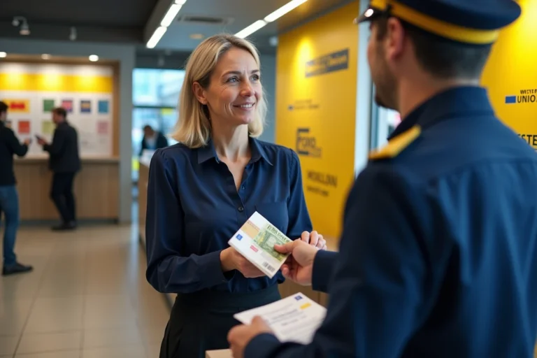 Une femme effectuant un transfert d'argent Western Union au guichet d'un bureau de poste en France