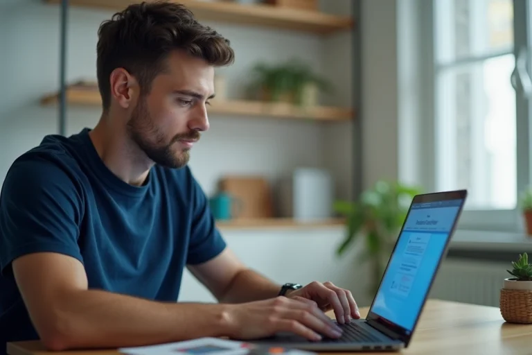 Homme utilisant un site de partage de fichiers comme 1fichier en toute sécurité sur un ordinateur portable dans un bureau à domicile