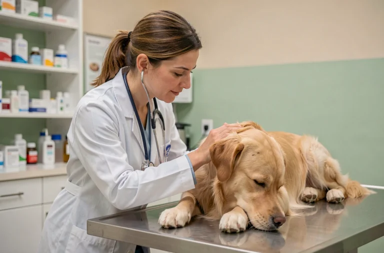 Vétérinaire examinant un golden retriever dans une clinique animale moderne pour le bien-être animal