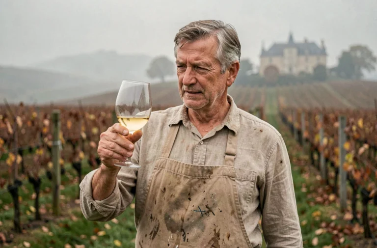 Vigneron de la Loire inspectant un verre de Muscadet devant ses vignes en automne